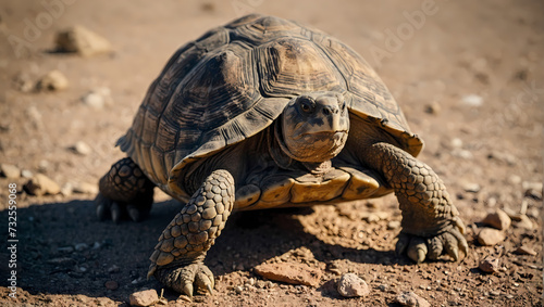 A close-up of a desert tortoise crawling on the ground with its front legs outstretched, observing the camera.
