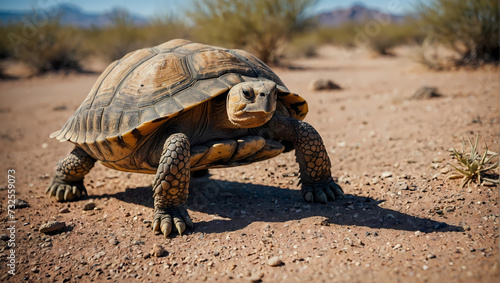 A close-up of a desert tortoise crawling on the ground with its front legs outstretched, observing the camera. © xKas