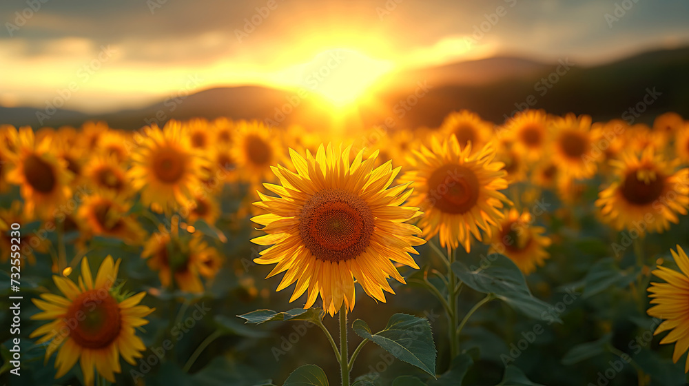 Field of yellow sunflower flowers against a sunset background. Beautiful fields with sunflowers in summer in the rays of a bright sunset. Harvest ripening in the field