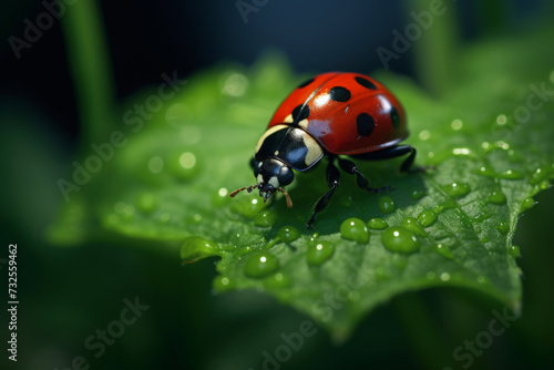 Close-up image of the ladybug sitting on the fresh green leaf, surrounded by water droplets.