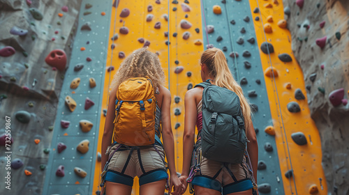 Two women in blue shorts having fun at climbing wall, holding hands photo