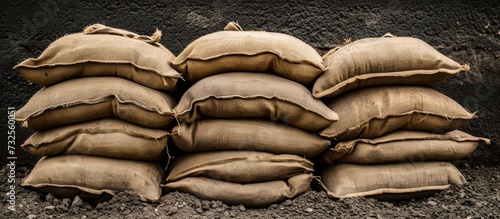 A stack of sandbags, resembling a patterned sculpture, rests on the soil, showcasing the art of still life photography.