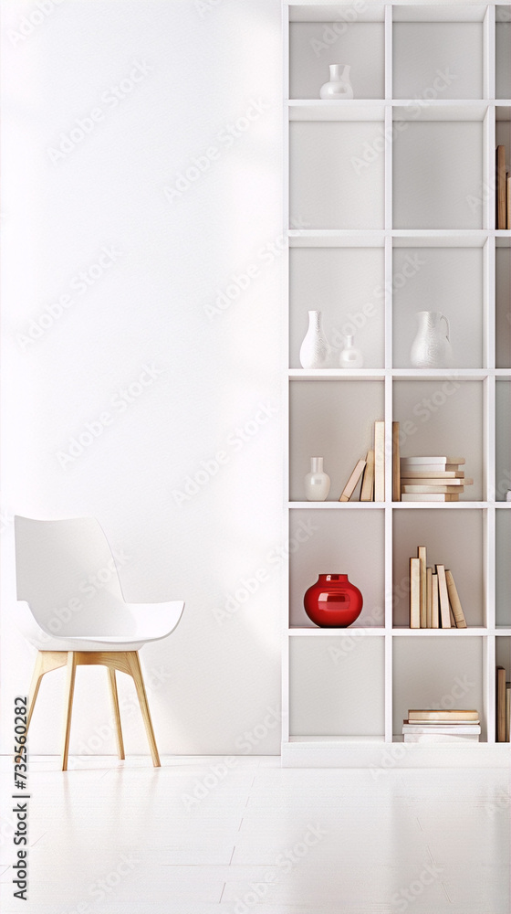 Fototapeta premium Minimalist white interior with a single chair and a bookshelf filled with books and decorative objects. Perfect for showcasing furniture, home decor, or lifestyle concepts.
