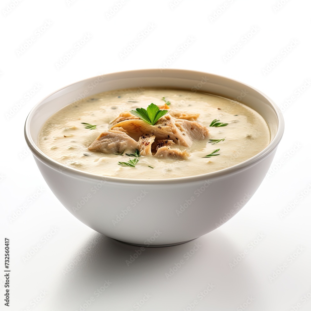 Cream soup with chicken isolated on white background Cream soup with chicken isolated on white background