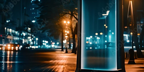 Blank white vertical digital billboard poster on city street bus stop sign at night, blurred urban background with skyscraper, people, mockup for advertisement, marketing 4K Video photo