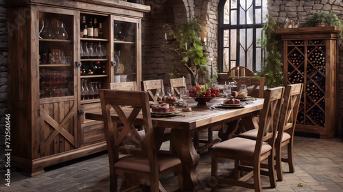 Rustic wooden dining room furniture autumn harvest Thanksgiving feast brown beige warm inviting ambiance 