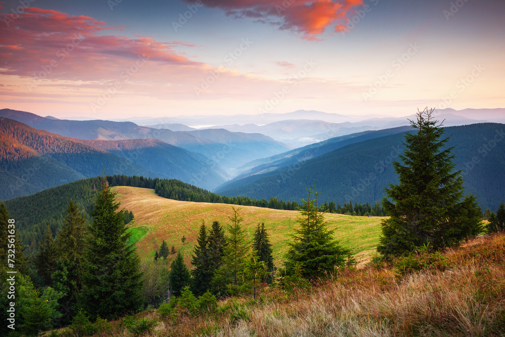 Panoramic view of the gorgeous mountain landscape at dawn. Location place Carpathian National Park, Ukraine. Panoramic view of the gorgeous mountain landscape at dawn. Location place Carpathian National Park, Ukraine.