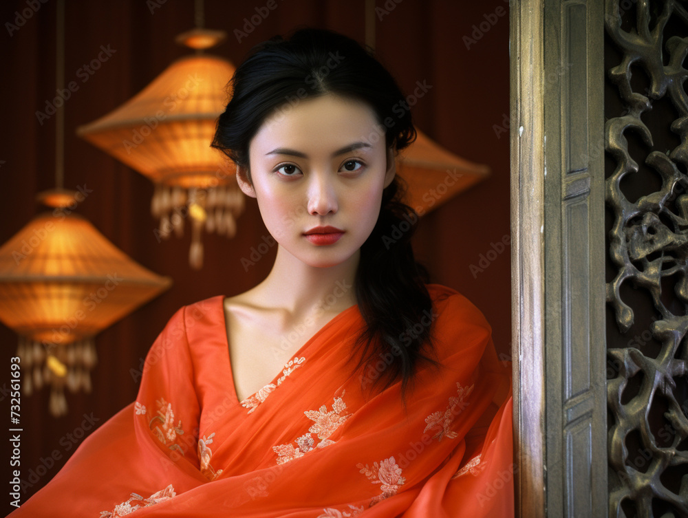 Woman in red dress wearing Chinese shirt Woman in red dress wearing Chinese shirt