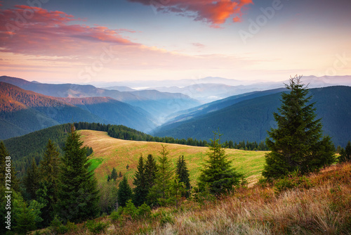 Panoramic view of the gorgeous mountain landscape at dawn. Location place Carpathian National Park, Ukraine.