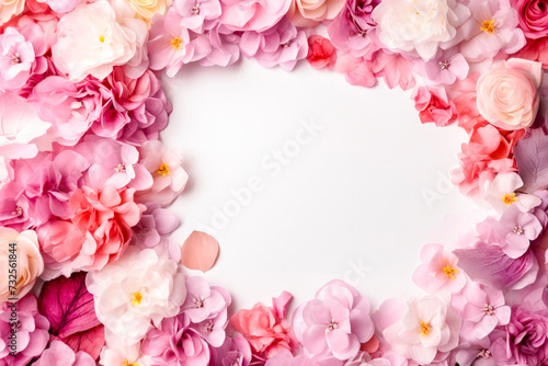 Delicate spring flowers lie on soft pink surface, creating place for text, advertising. Greeting frame, banner for Mother's Day, Valentine's Day, March 8, birthday, spring holidays. Copy space.