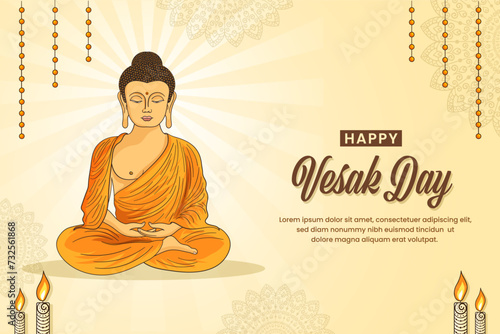 Vesak Day Creative Concept for Card or Banner. Holy day for Buddhists. Happy Vesak Day with Siddhartha Gautama Statue Design Vector Illustration