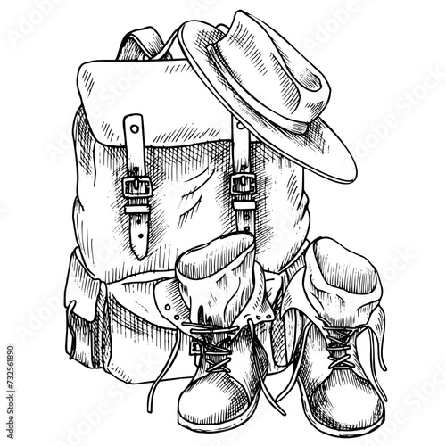 Vintage Backpack with Hat and leathery old retro Boots. Hand drawn vector illustration of travel equipment for adventure and tourism. Drawing of bag for hiking painted by black inks in linear style.