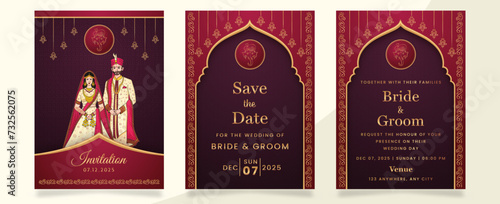 Wedding Invitation Template Layout With Indian Couple Image In Red and Beige Color. Set of 3 Pages.