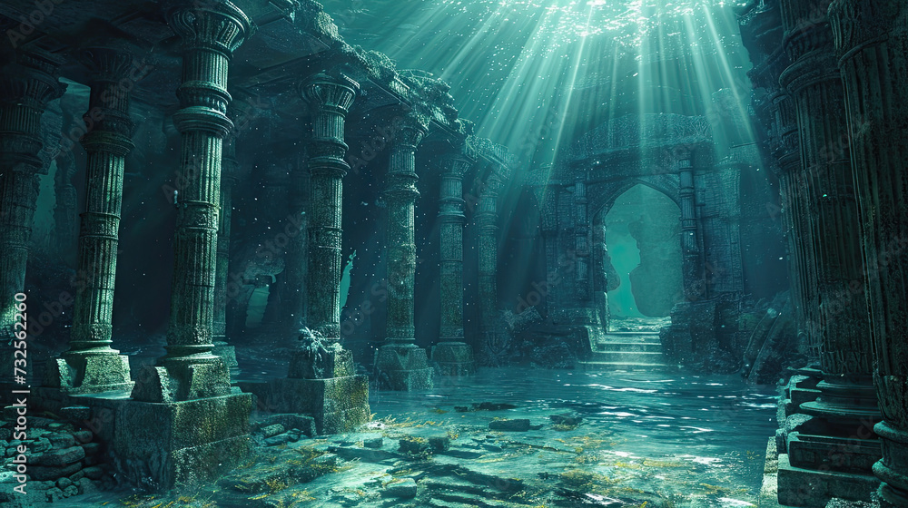 Ancient temple ruins underwater.
