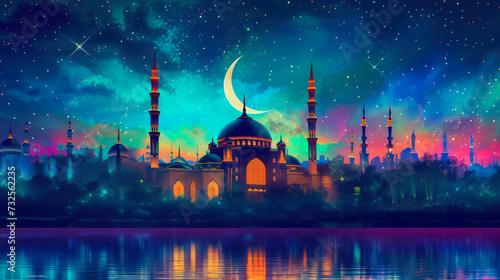 Nightfall Serenity: Crescent Moon over Mosque