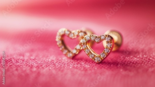  Hearts shape gold stud earrings with diamonds on pink background. Romantic jewelry.
