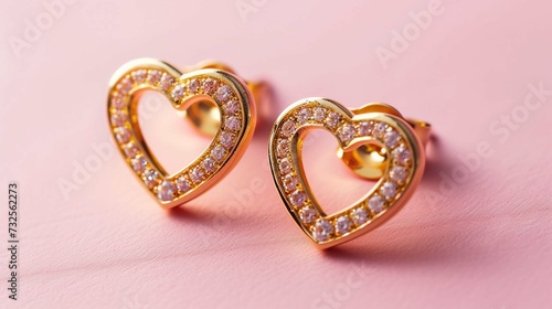 
Hearts shape gold stud earrings with diamonds on pink background. Romantic jewelry.