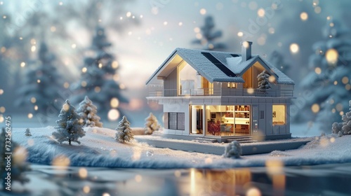House in winter heating system concept and cold snowy weather with model of a house