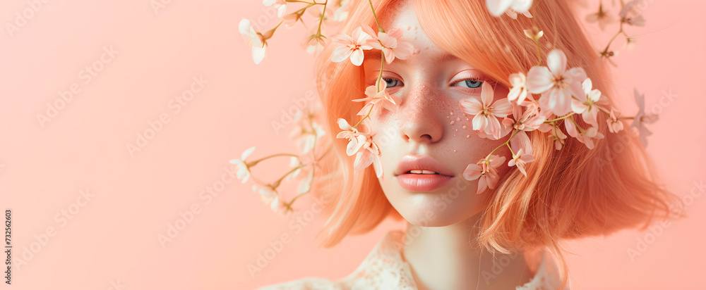 Surreal portrait young woman with peach hair and delicate flowers on her face. International Women's Day. Color of the year 2024