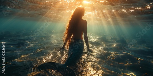 A mermaid swimming underwater with a magnificent tail illuminated by light rays. Concept: magic and mystery of the ocean depths, mythical creatures of the depths