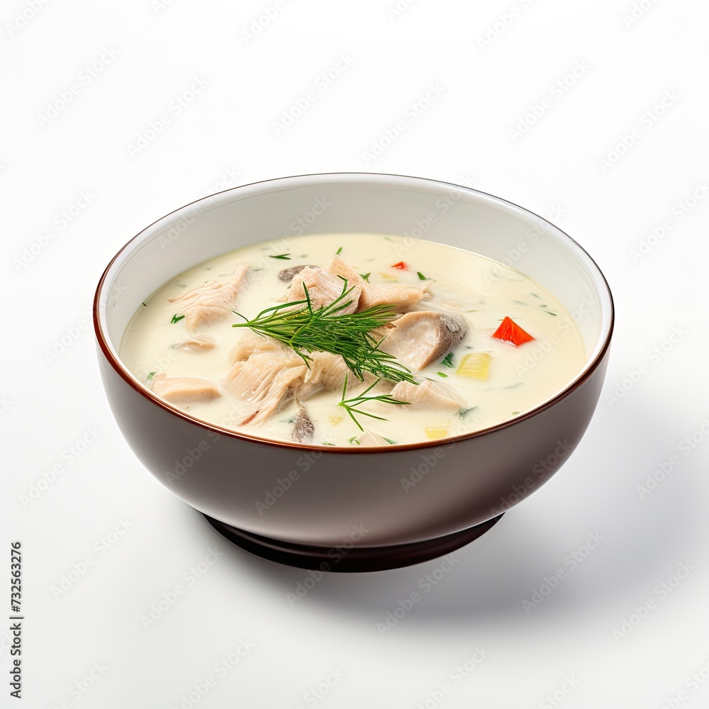 Cream soup with chicken isolated on white background Cream soup with chicken isolated on white background