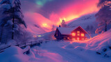 Vibrant Nordic Cabin: Winter Wonderland and Northern Lights