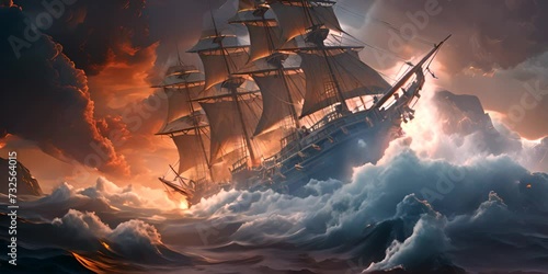 Pirate ship in a ferocious sea battle 4K Video photo