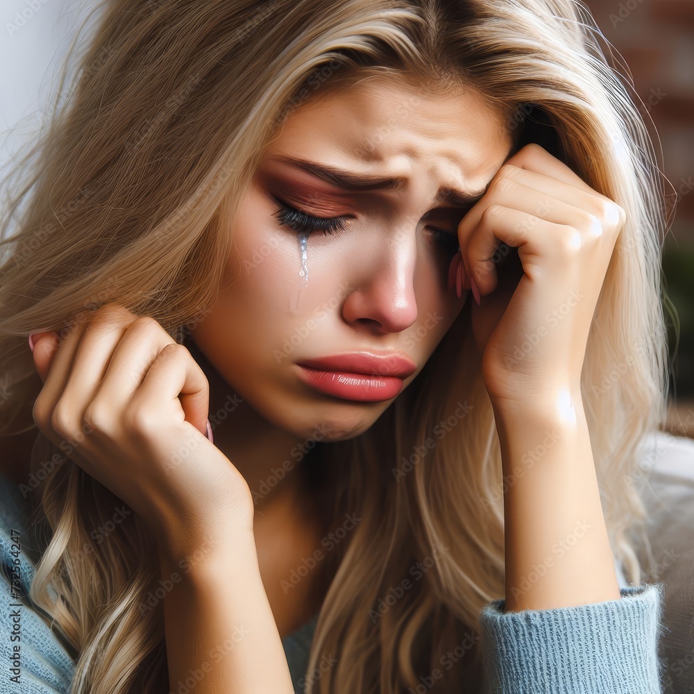 Beautiful woman with blonde hair is sad and crying Beautiful woman with blonde hair is sad and crying