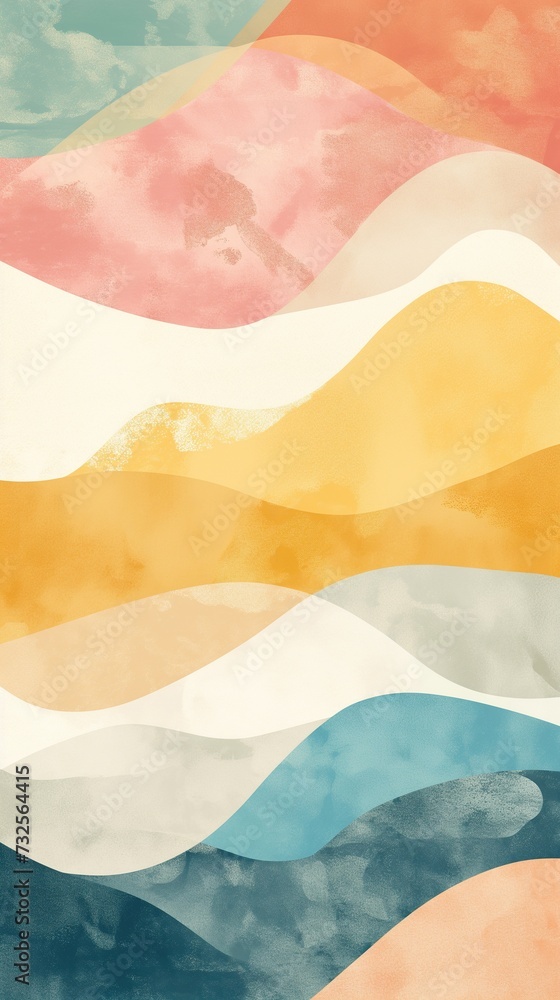 Obraz premium Abstract vertical artwork with soft pastel curves and scattered dots in a playful, modern rainbow-inspired design. Trendy wall art, print, poster, phone screensaver