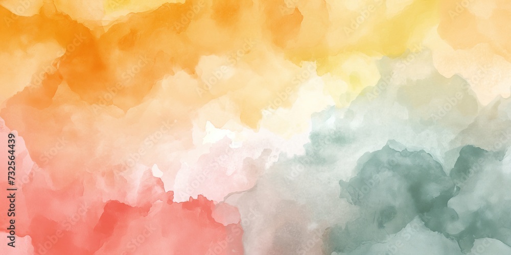 Soft watercolor gradients blend in a harmonious spread of warm and cool hues, creating a tranquil, panoramic abstract background