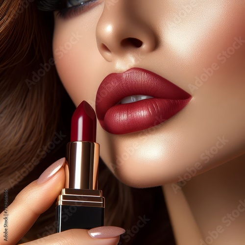 Close-up of red lips with a red lipstick 