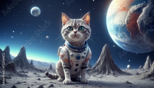 Fototapeta Naklejka Na Ścianę i Meble -  Lonely brave cat walks on the moon, space cat