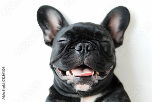 Close-up of a cheerful black French Bulldog smiling with eyes closed, isolated on a white background.