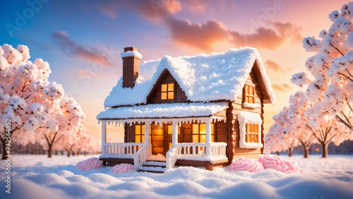 candy winter landscape with house