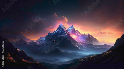 mountain with multicolor rainbow and dark street background 