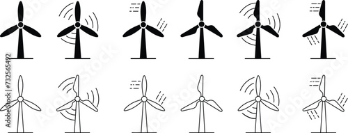 Wind turbine icons set silhouettes. Windmill black flat or line vector collection isolated on transparent background. Wind power icons. Alternative energy symbols. EPS 10 for graphic and web design.