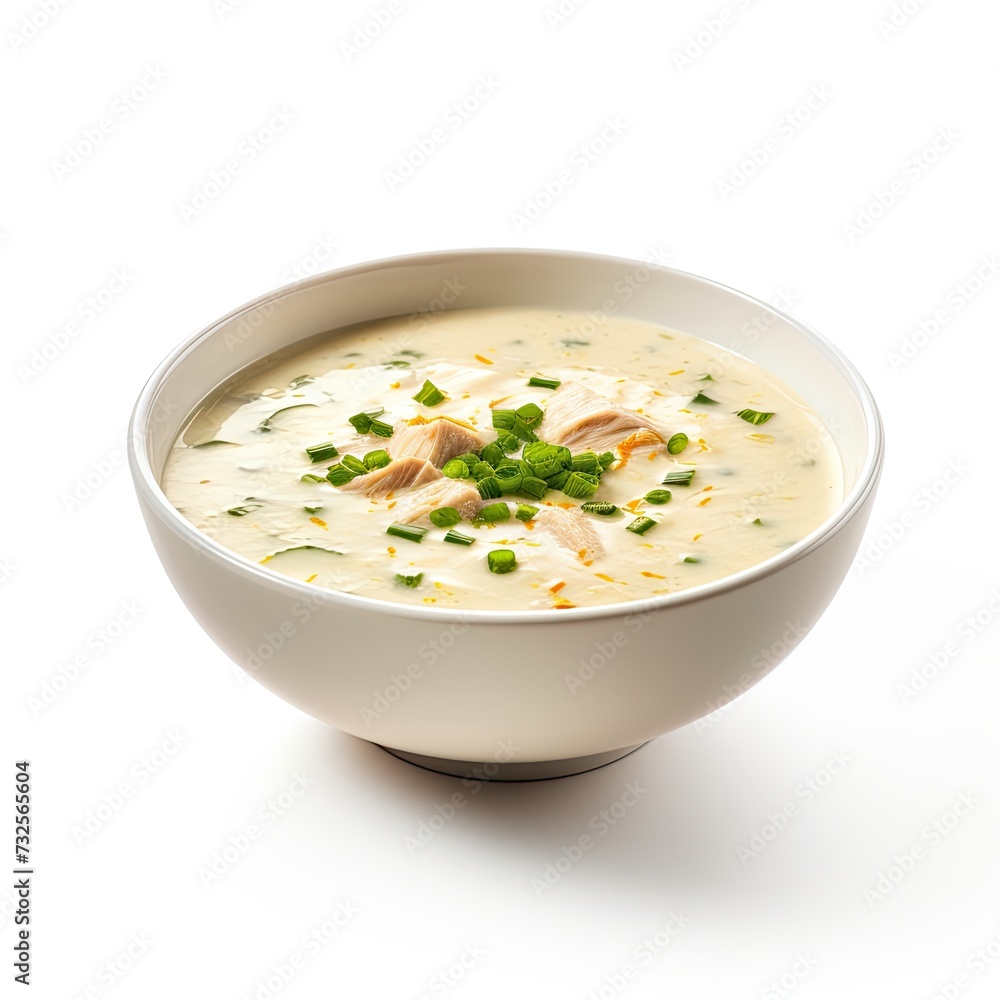 Cream soup with chicken isolated on white background Cream soup with chicken isolated on white background