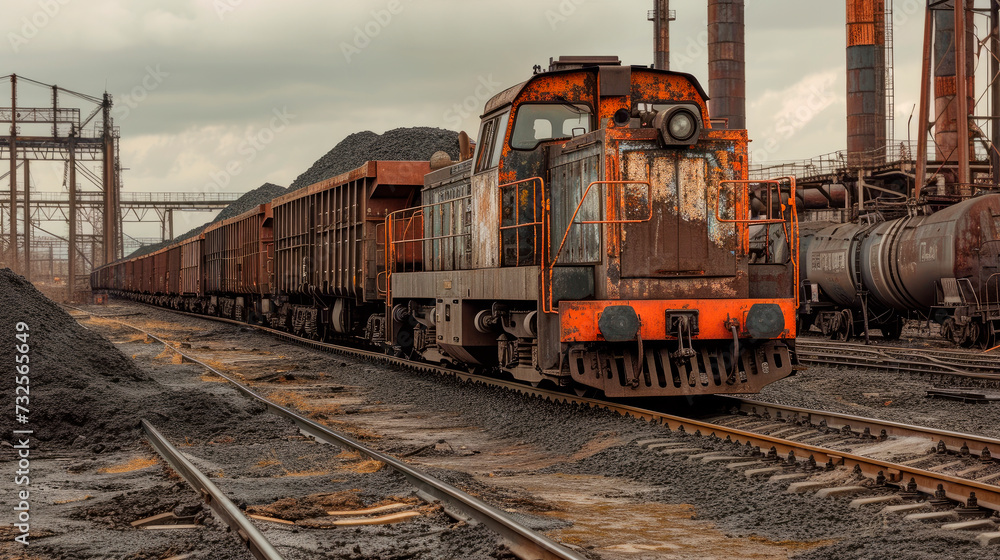 Old rusty diesel locomotive with open carriages carrying coal.Coal mining industry. Old rusty diesel locomotive with open carriages carrying coal.Coal mining industry.