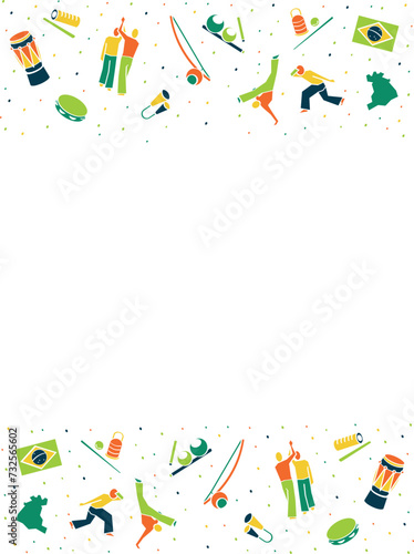 Capoeira social media post headline. Colorful capoeira vector illustration background poster with typical brazilian instruments.