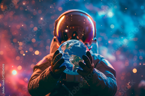 An spaceman in outer space holding the planet Earth in his hands. Space travel concept. © graja