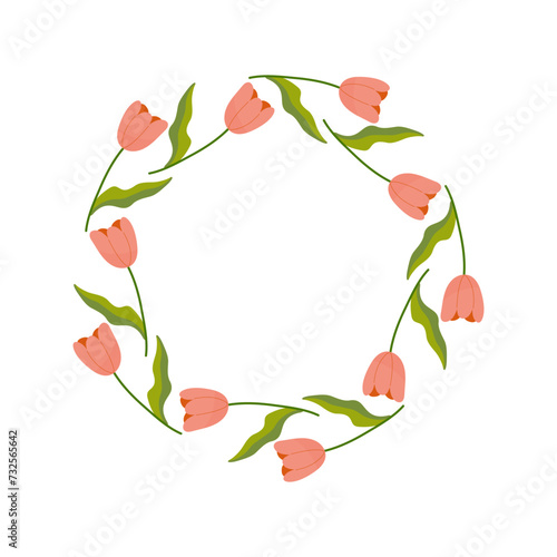Fototapeta Naklejka Na Ścianę i Meble -  Floral round frame, ornament, spring colors tulip. On white isolated background. For your postcard design, invitations, congratulations