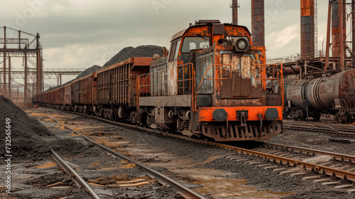 Old rusty diesel locomotive with open carriages carrying coal.Coal mining industry.