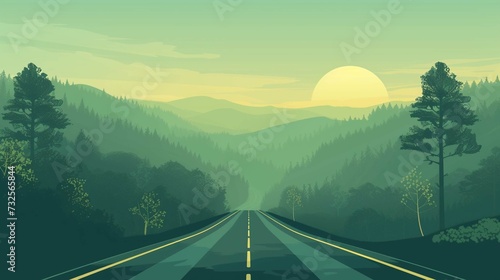  Moody scene of rural highway running through beautiful forest landscape.