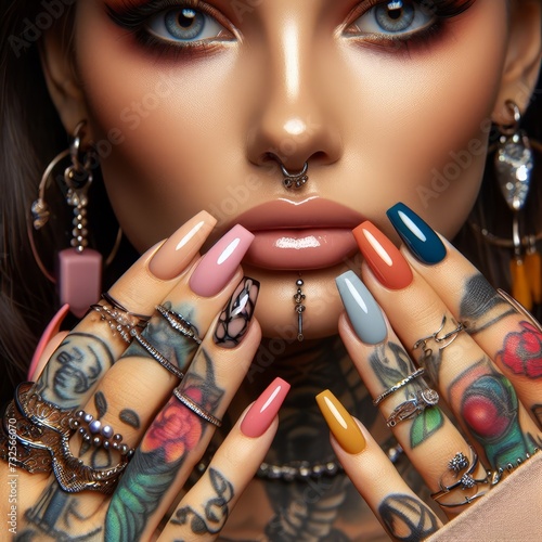 Colorful fingernails of a woman