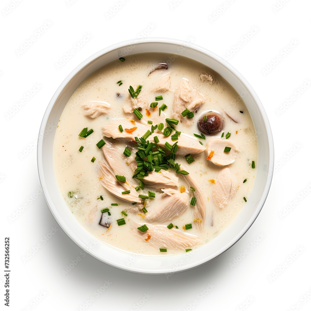 Cream soup with chicken isolated on white background Cream soup with chicken isolated on white background