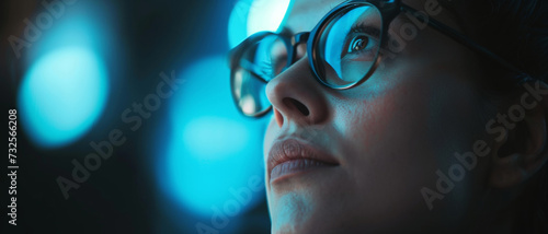 Up-close woman s profile with glasses reflecting blue light