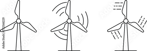 Wind turbine outline icons set silhouettes. Windmill black line vector collection isolated on transparent background. Wind power icons. Alternative energy symbols. EPS 10 for graphic and web design.