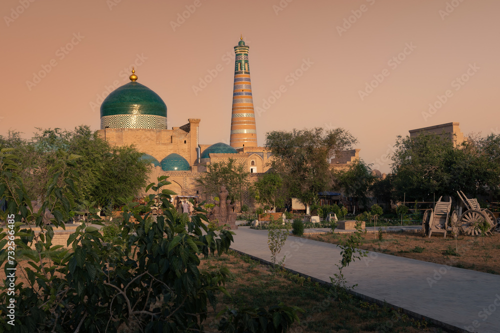 Old city Ichan-Kala with Pahlavan Mahmoud Mausoleum dome and Islam Khoja Minaret, Khiva, Uzbekistan