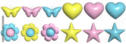 3D pastel flower heart, star and butterfly set. Y2k daisy stickers in trendy plastic style. Vector illustration with plasticine effect isolated on withe background. 3D render.