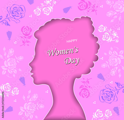 Design of a women's Day greeting card. Silhouette of a young woman, vector image.